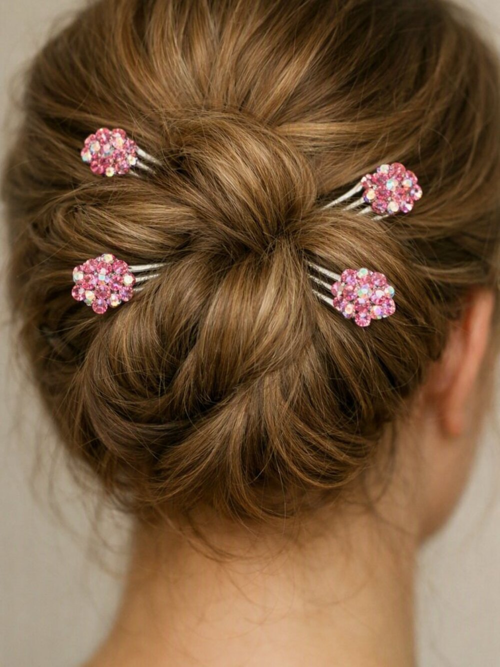 NEW ~ PINK CRYSTAL FLOWER BUN PINS